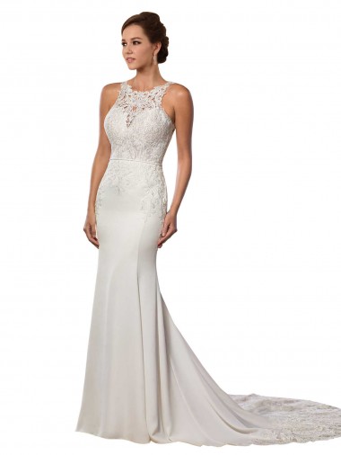 Sleeveless High Neck V-Back Lace Sheath Modern Wedding Dress Brisbane