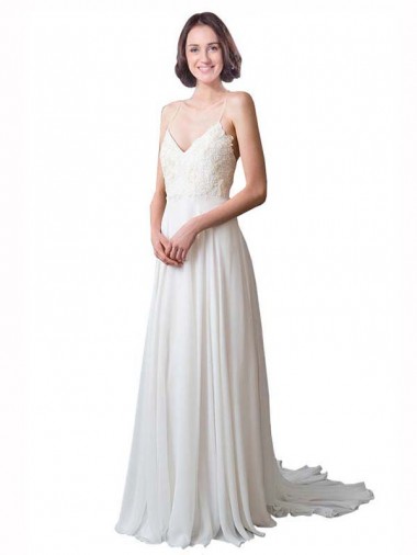 Sleeveless Spaghetti Straps Soft Chiffon & Lace A-Line Beach Wedding Dress Brisbane