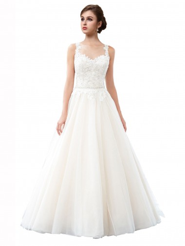 Sleeveless Illusion Neck Tulle & Lace A-Line Beach Wedding Dress Brisbane