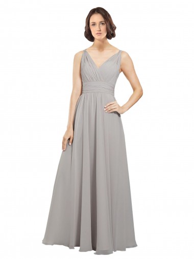 Sleeveless Oyster Silver V-Neck V-Back Soft Chiffon A-Line Bridesmaid Dress Brisbane