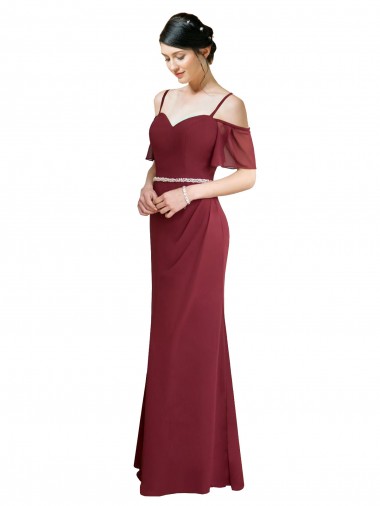 Cold Shoulder Burgundy Spaghetti Straps Low Back Soft Chiffon A-Line Bridesmaid Dress Brisbane