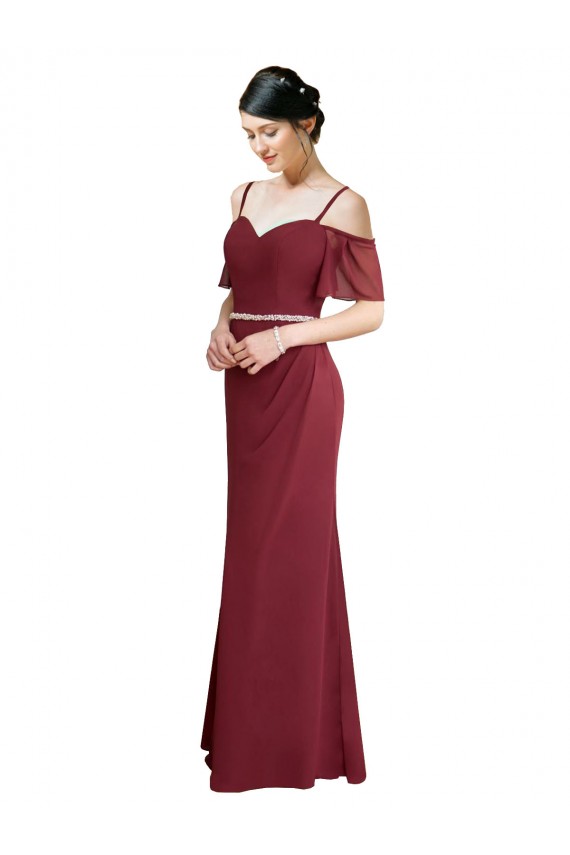 Cold Shoulder Burgundy Spaghetti Straps Low Back Soft Chiffon A-Line Bridesmaid Dress Brisbane