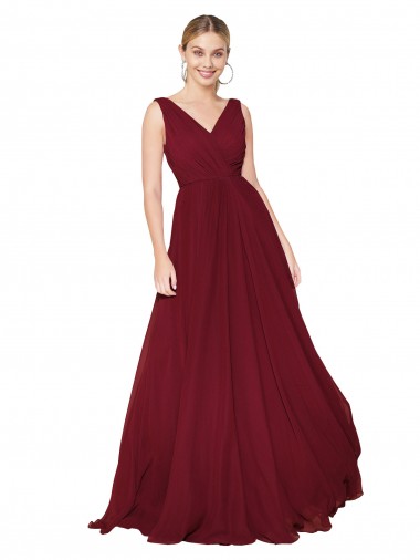 Sleeveless Burgundy V-Neck V-Back Soft Chiffon A-Line Formal Dress / Bridesmaid Dress Brisbane