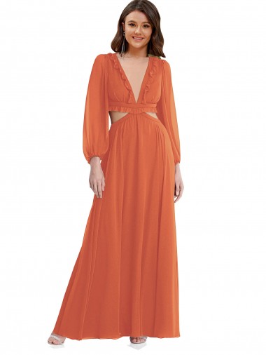 Long Sleeves V-Neck Open Back Soft Chiffon A-Line High Low Evening Gown / Bridesmaid Dress Brisbane