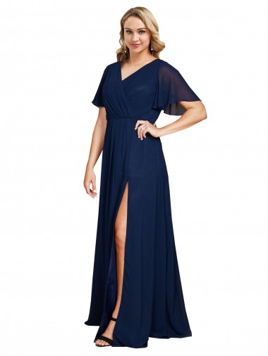 Short Flutter Sleeves V-Neck Soft Chiffon A-Line Formal Plus Size Evening Gown / Prom Dress / Bridesmaid Dress Brisbane