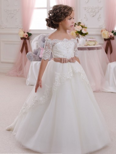 Short Sleeves High Neck Keyhole Back Tulle & Lace Ball Gown Flower Girl Dresses Brisbane