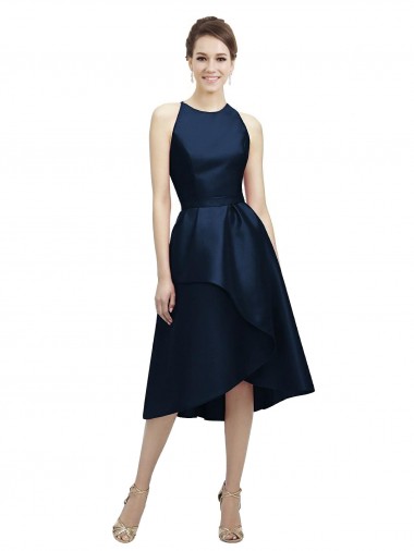 Sleeveless Dark Navy Halter Neck Satin A-Line High Low Bridesmaid Dress Brisbane