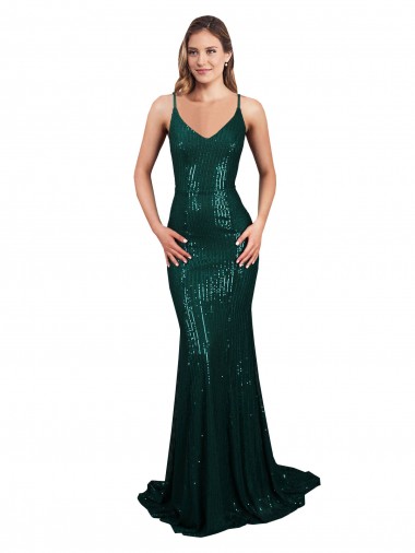 Sleeveless Dark Green V-Neck Low Back Sequin Mermaid Formal Evening Gown / Prom Dress / Bridesmaid Dress Brisbane