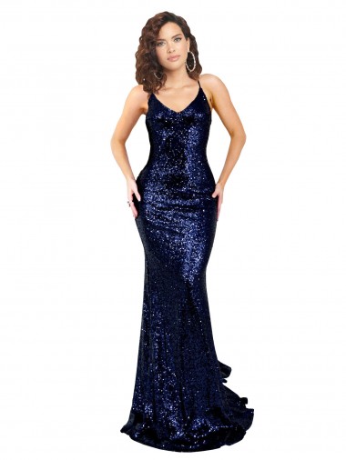 Sleeveless Dark Navy V-Neck Low Back Sequin Mermaid Formal Evening Gown / Prom Dress / Bridesmaid Dress Brisbane