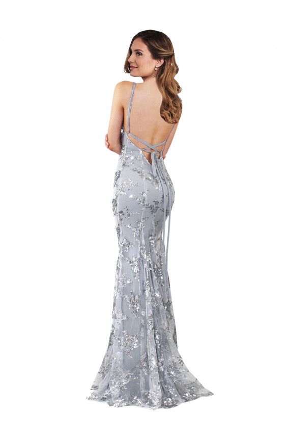 Sleeveless Silver V-Neck Backless Stretch Crepe & Sequin Tulle Mermaid Formal Evening Gown / Prom Dress / Bridesmaid Dress Brisbane