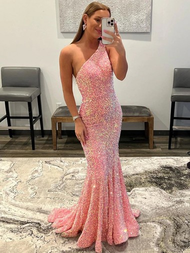 Sleeveless Pink One Shoulder Velvet Sequin Sheath Prom Dress Brisbane