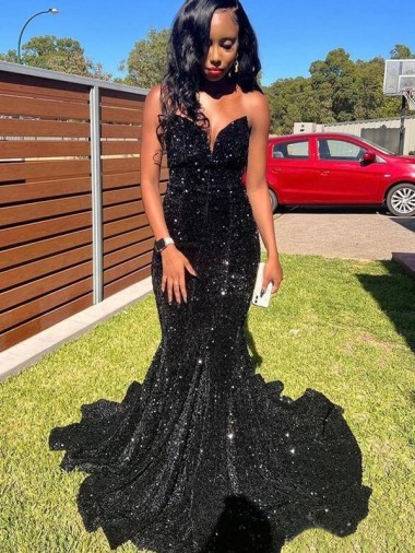 Sleeveless Black Sweetheart Velvet Sequin Mermaid Prom Dress Brisbane